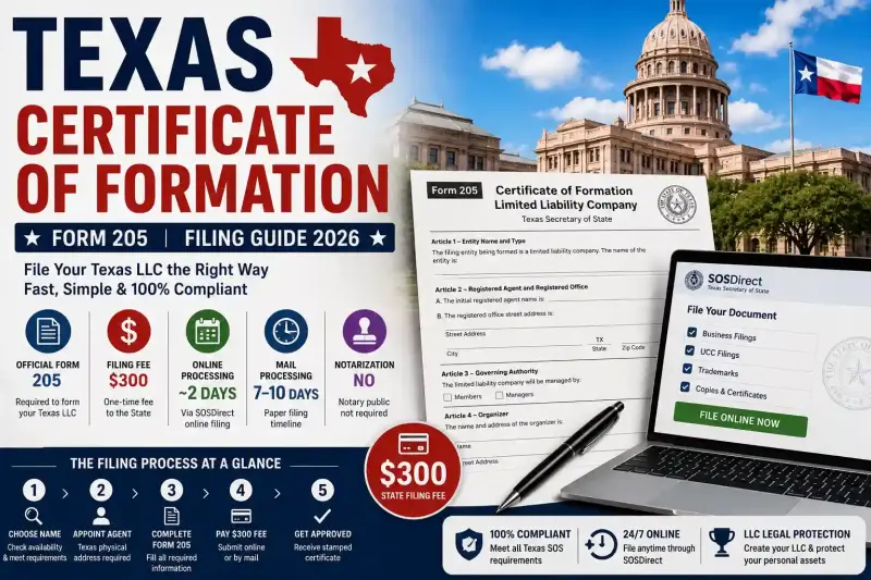 Texas Certificate of Formation (2026) — Form 205 + $300 Fee